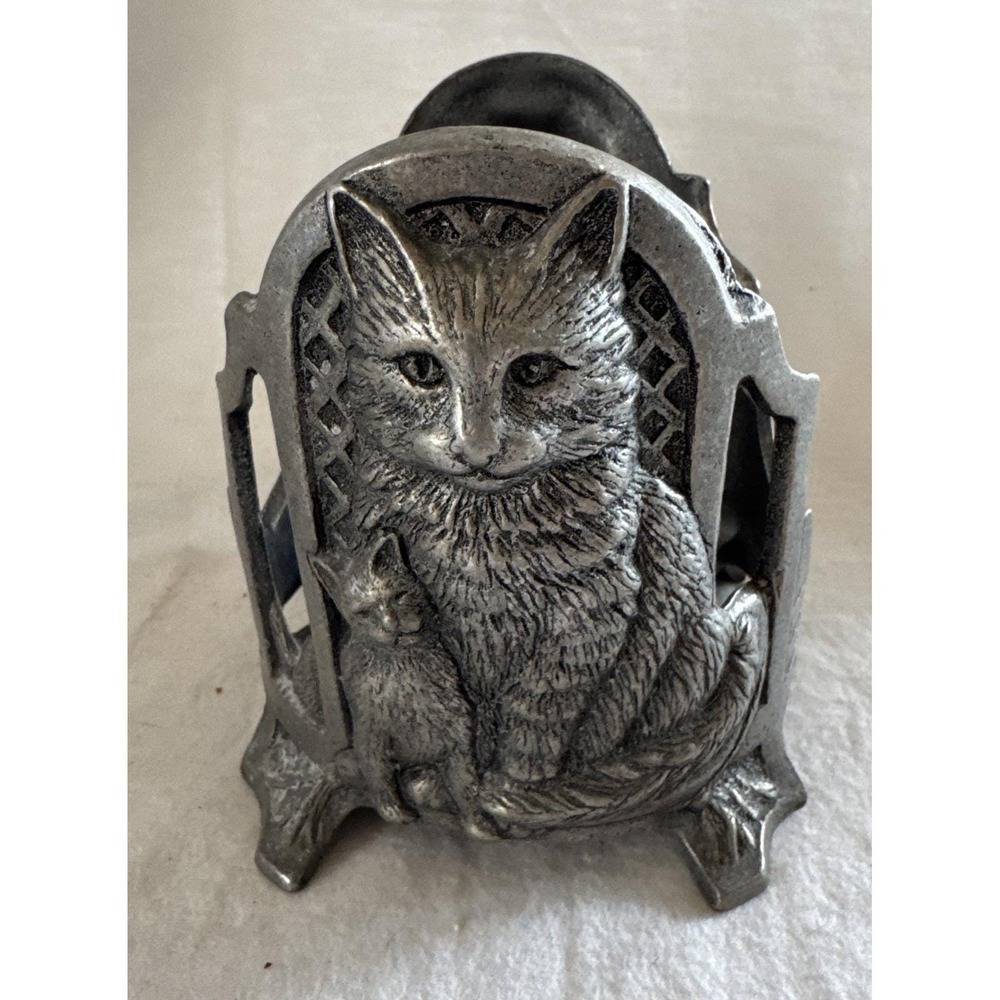Vintage Candle Holder Carson 1997 Pewter Cat Motif for Glass Jar Candles 5" Tall